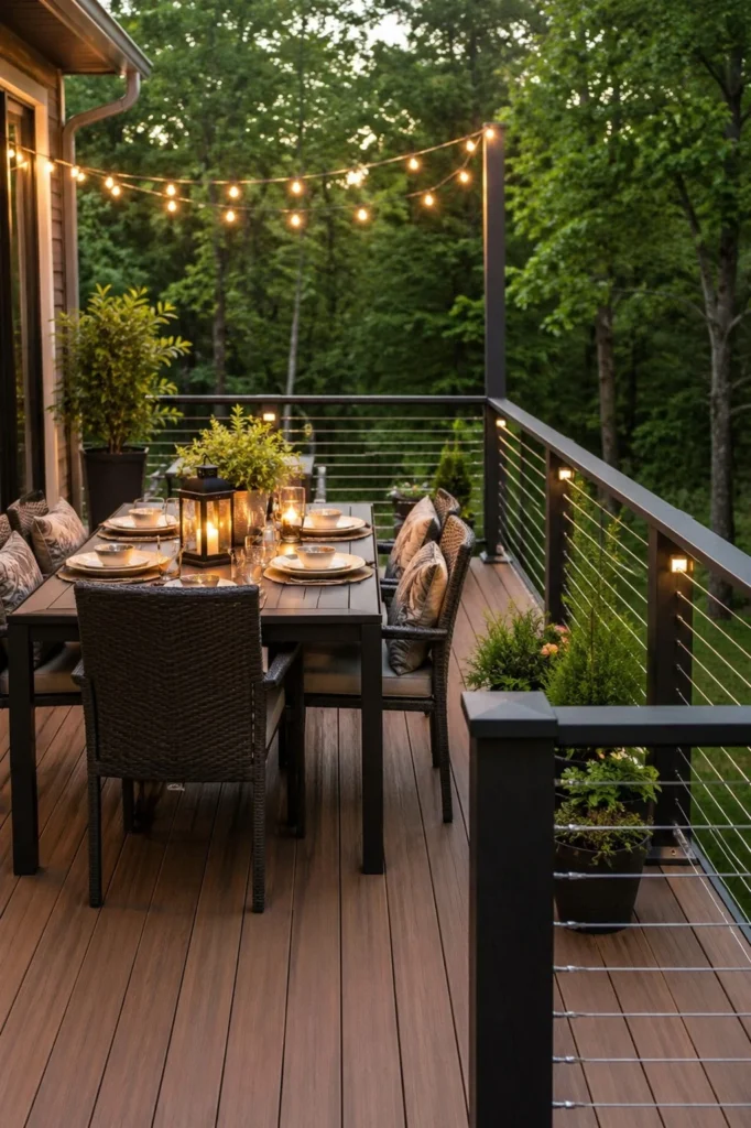 cozy outdoor dining deck with cable railing and string lights
