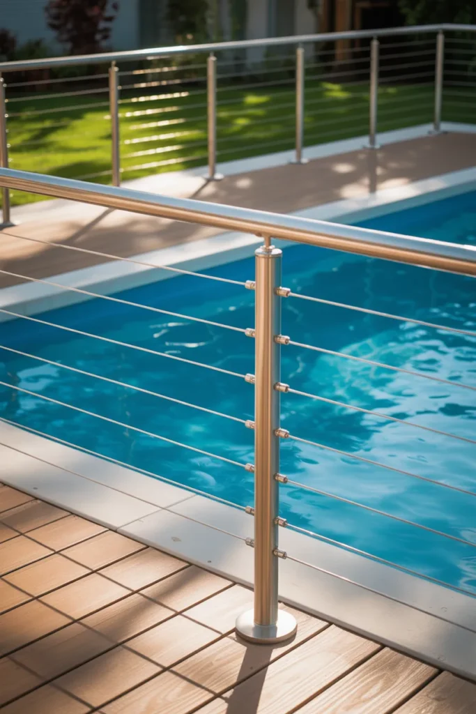 modern pool deck with stainless steel cable railing ideas