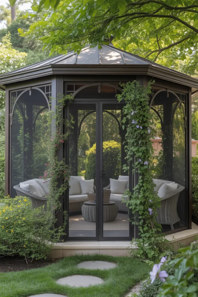screened gazebo backyard with climbing plants natural look