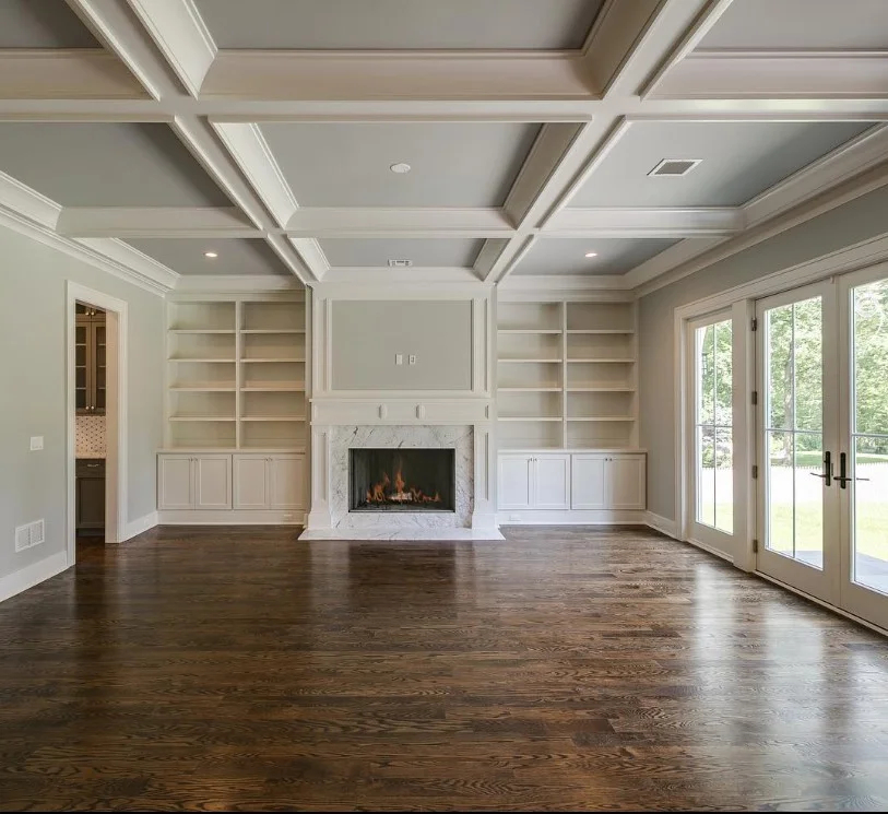 cozy fireplace wall in modern family room addition