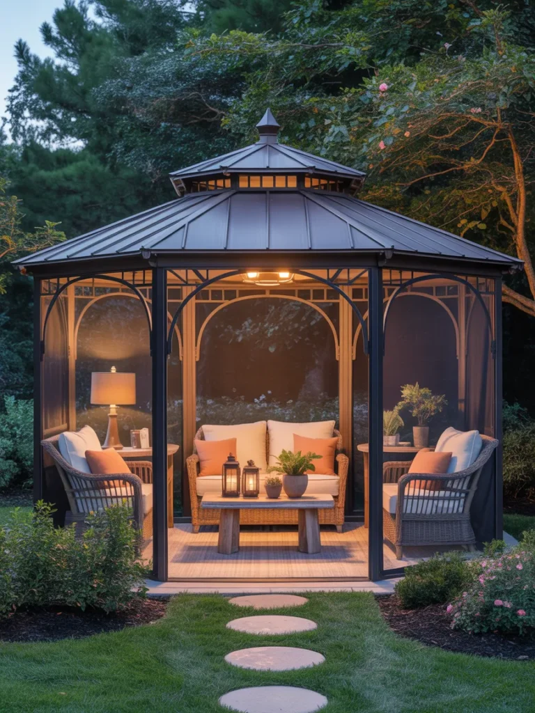 screened gazebo backyard with cozy outdoor seating area