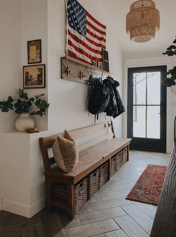 enclosed porch with storage bench organized seating