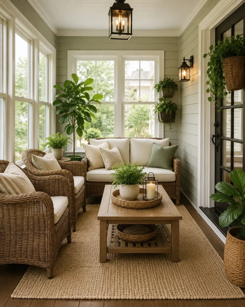 enclosed porch with small coffee table functional setup