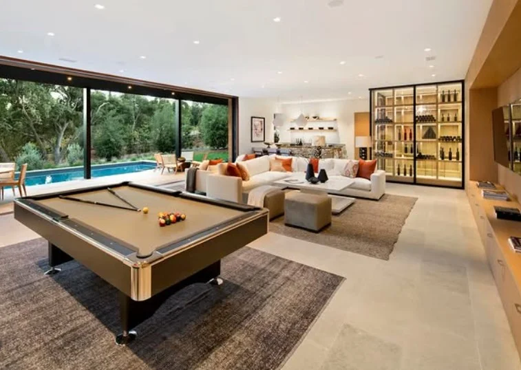 entertainment area inside cozy family room addition