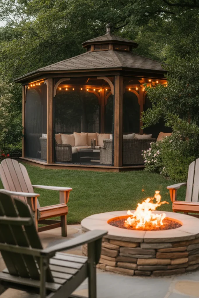screened gazebo backyard with nearby fire pit cozy setup