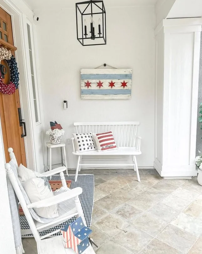 front porch seating area with small side table setup