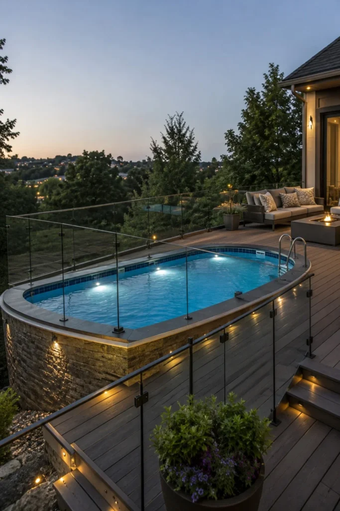 glass railings around above ground pool deck design