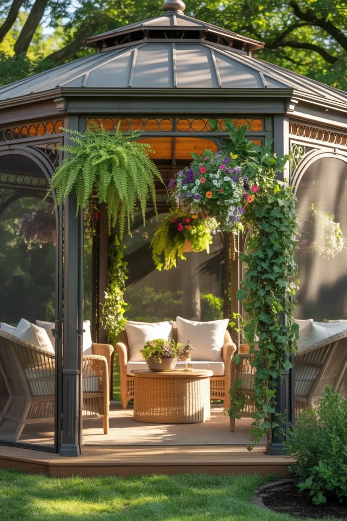 screened gazebo backyard with hanging plants green decor