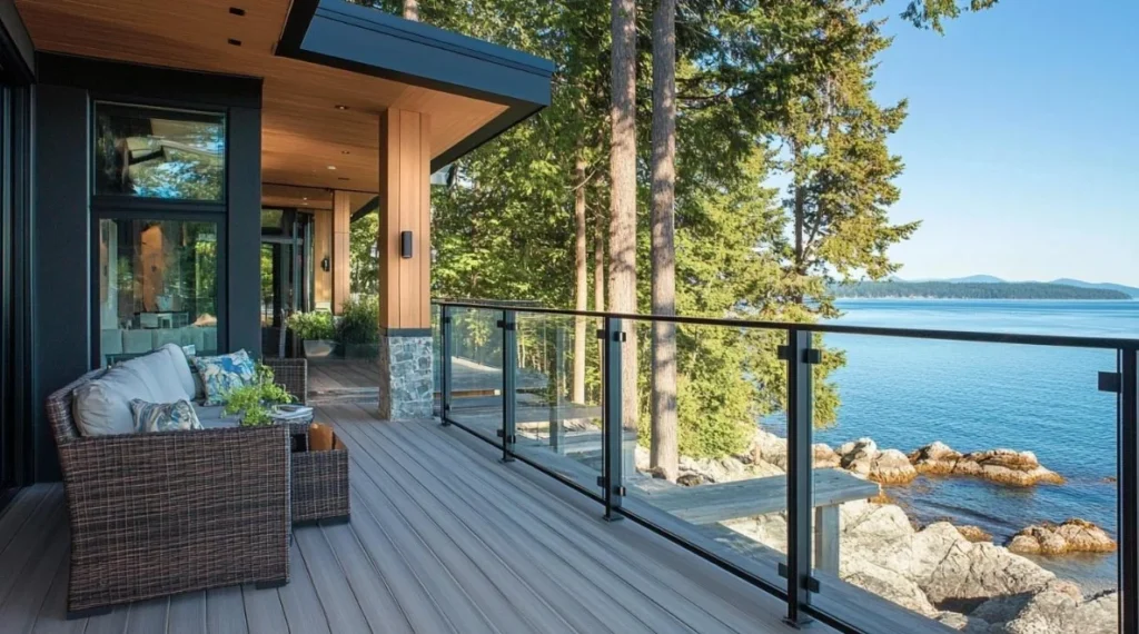 lake house deck featuring modern horizontal railing design