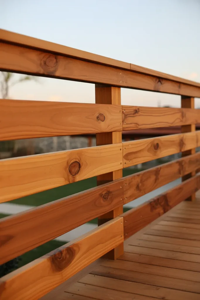 natural cedar horizontal deck railing with wood grain