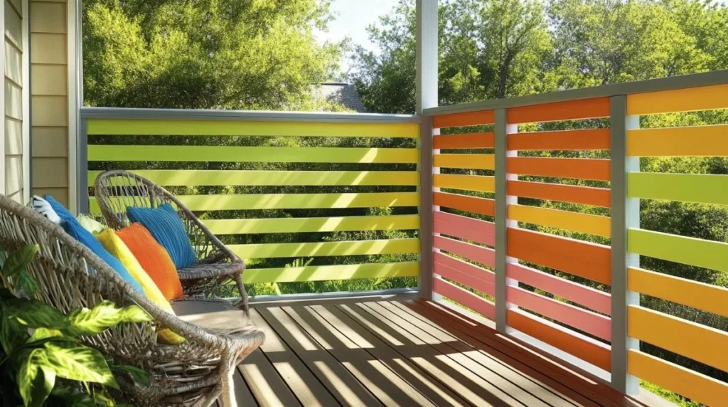 horizontal wood slat deck railing for backyard privacy