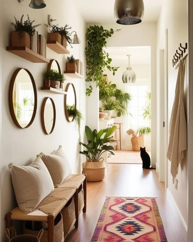 inside porch entrance with floating shelf wall decor