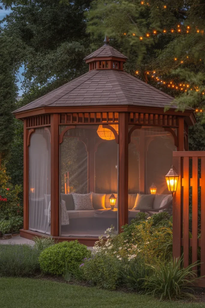 screened gazebo backyard with lantern lighting soft glow