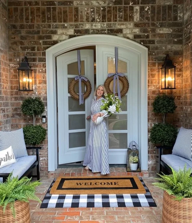 hanging lanterns on cozy modern front porch