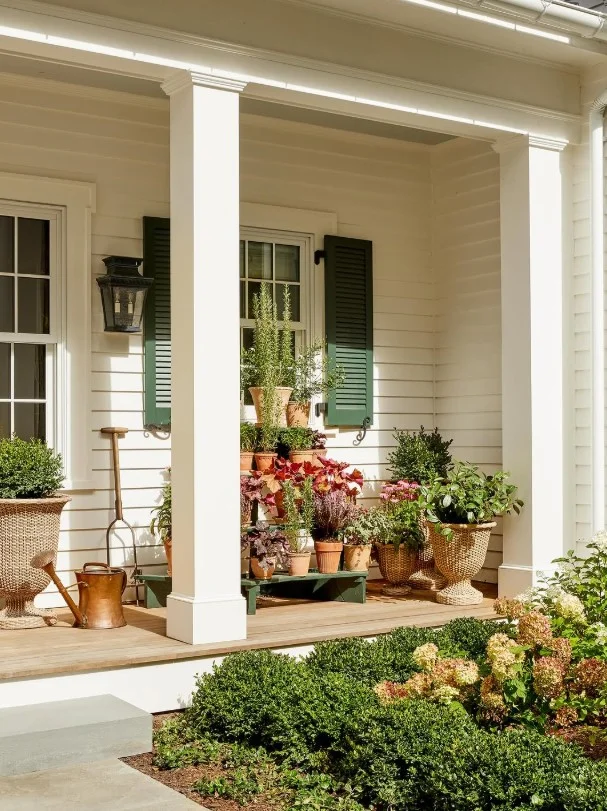 seasonal greenery decorating front porch entrance