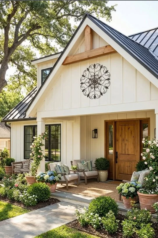 warm wood accents on modern front porch entrance