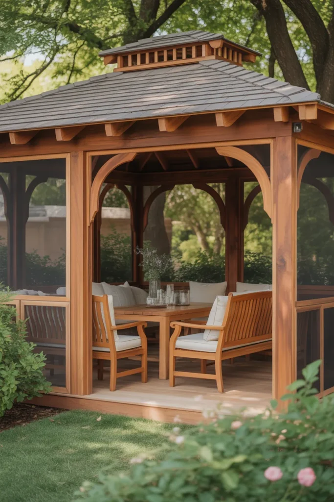 screened gazebo with natural wood furniture backyard decor