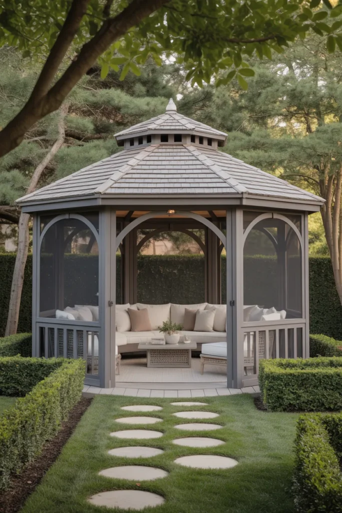 screened gazebo with neutral colors modern backyard style