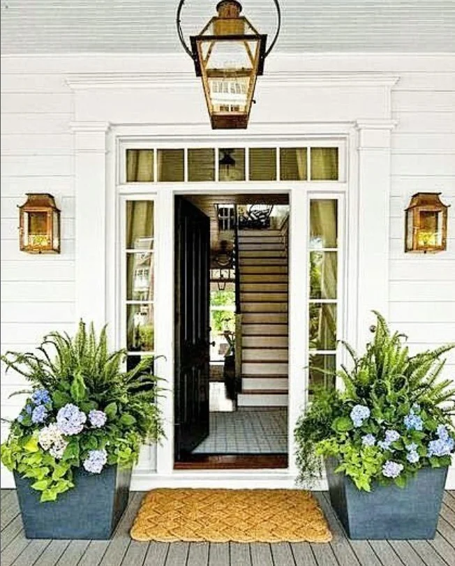 open front porch with plants framing front door