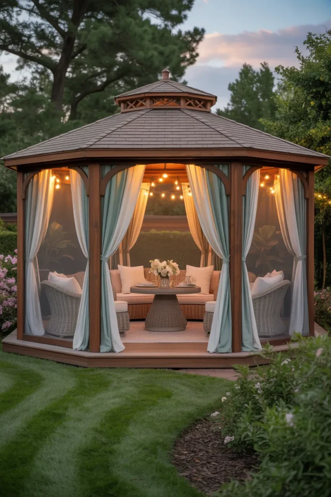 screened gazebo backyard with outdoor curtains soft airy design