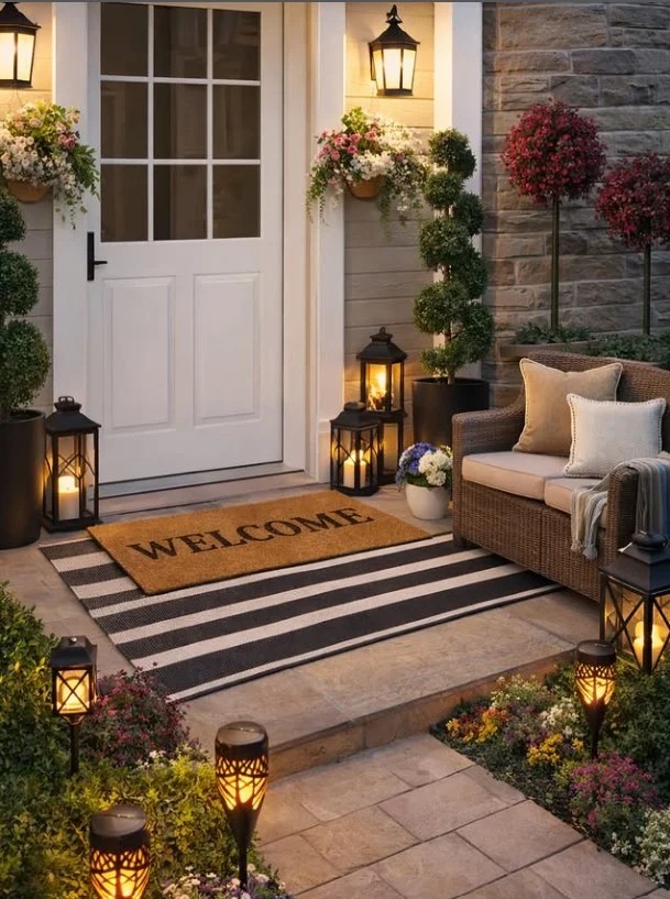 small front stoop with warm outdoor lighting cozy entrance