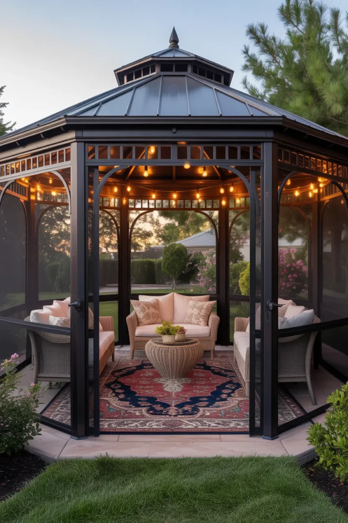 screened gazebo with outdoor rug cozy backyard design