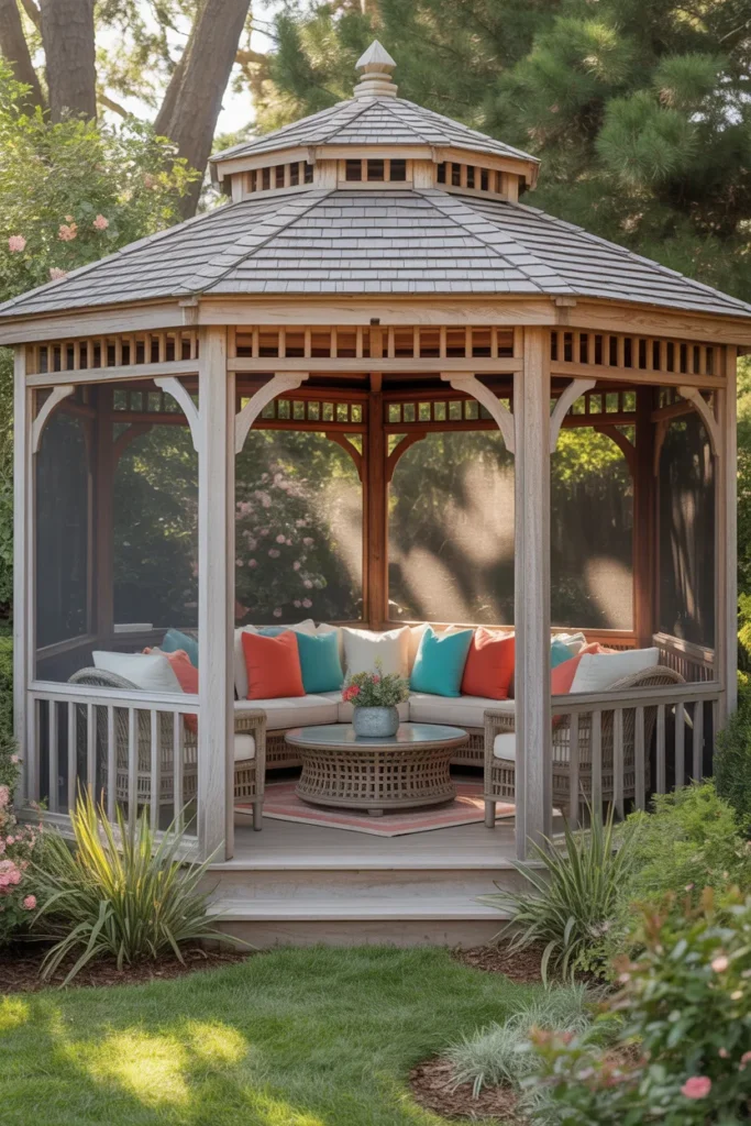 screened gazebo with outdoor throw pillows colorful seating