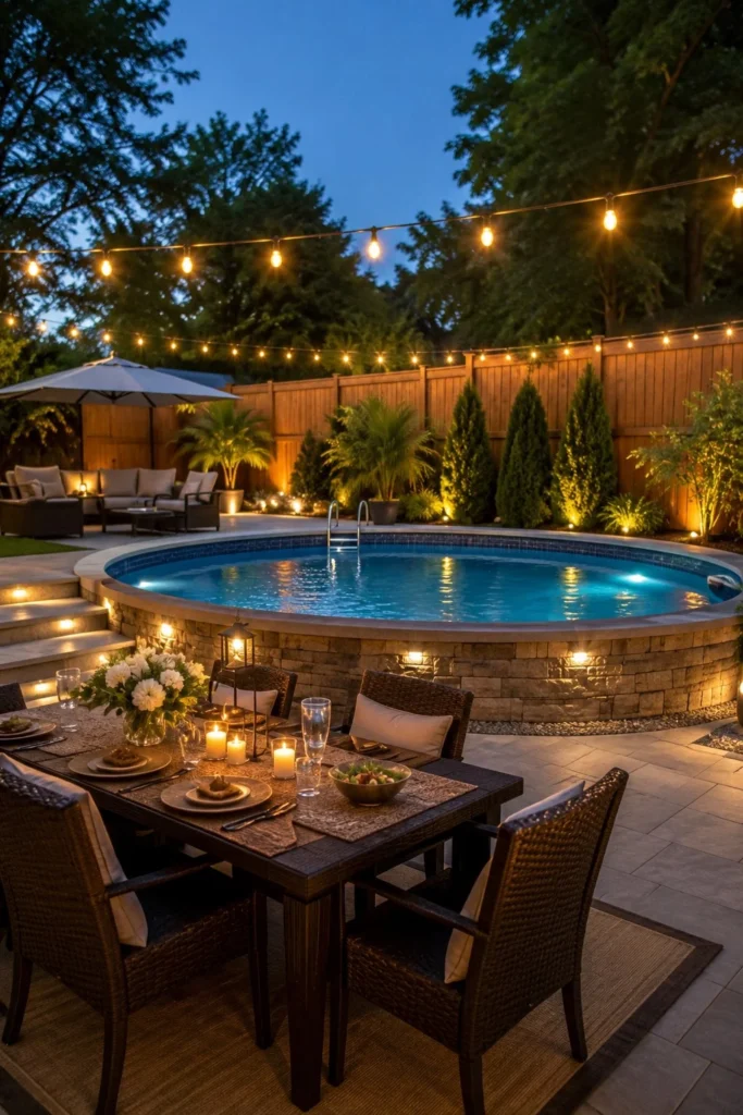 poolside dining setup beside sunken above ground pool