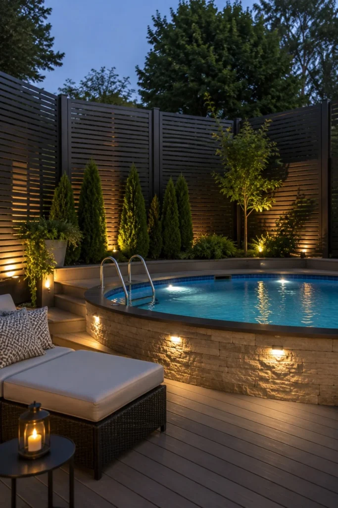 privacy screens around cozy above ground pool area