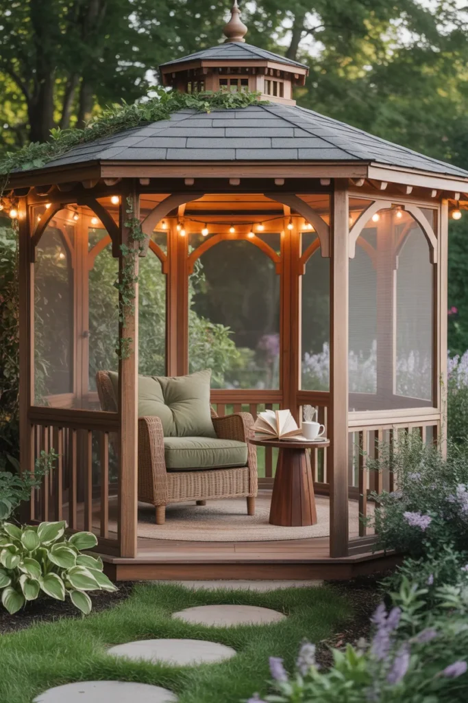 screened gazebo with cozy reading corner backyard retreat