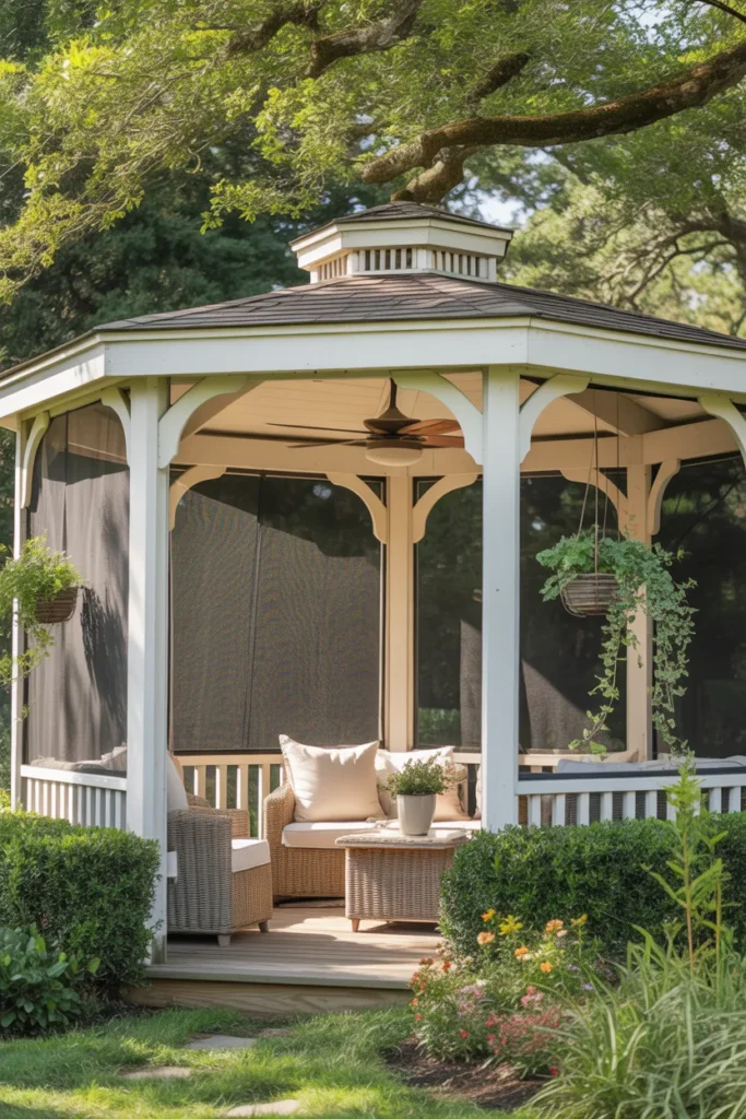 screened gazebo backyard with ceiling fan comfortable outdoor space