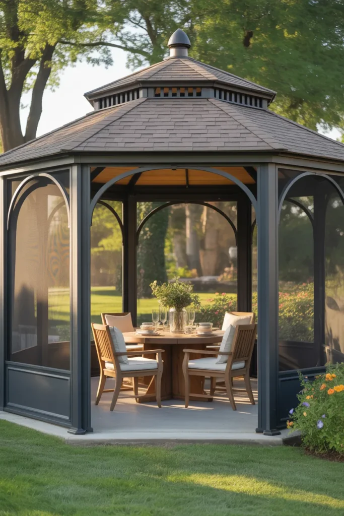 screened gazebo backyard with outdoor dining table setup