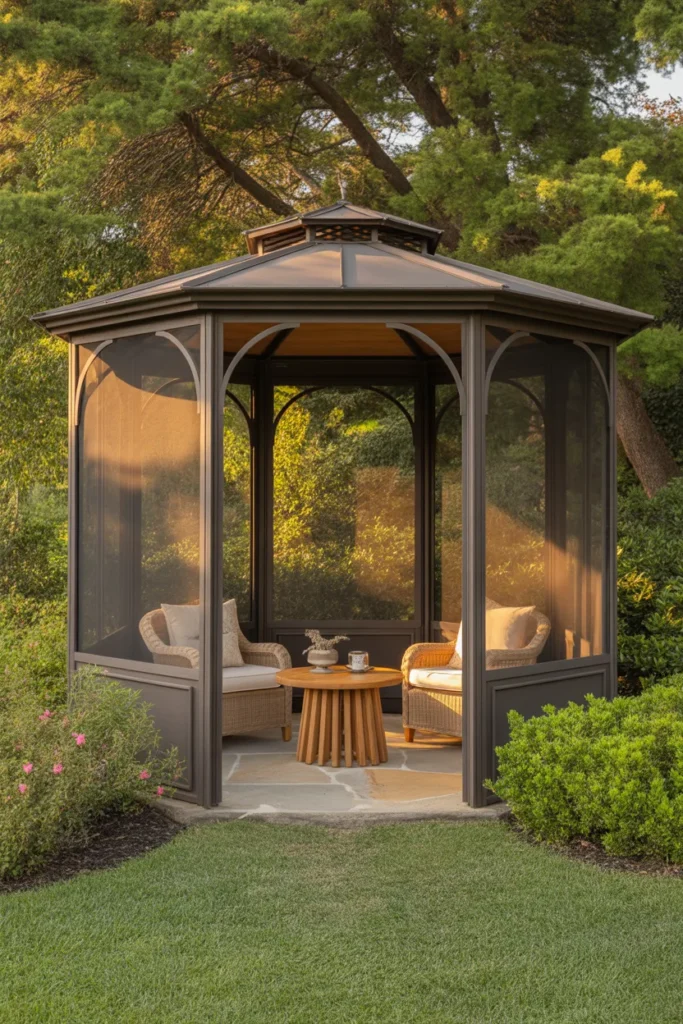 screened gazebo with small coffee table outdoor seating setup