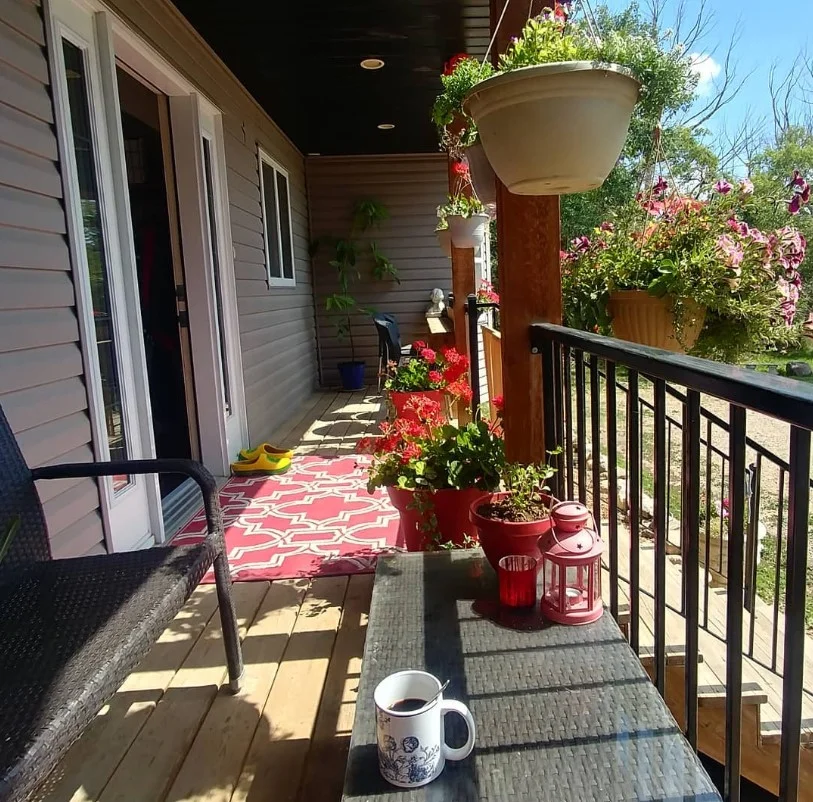 hanging plants decorating front deck entrance