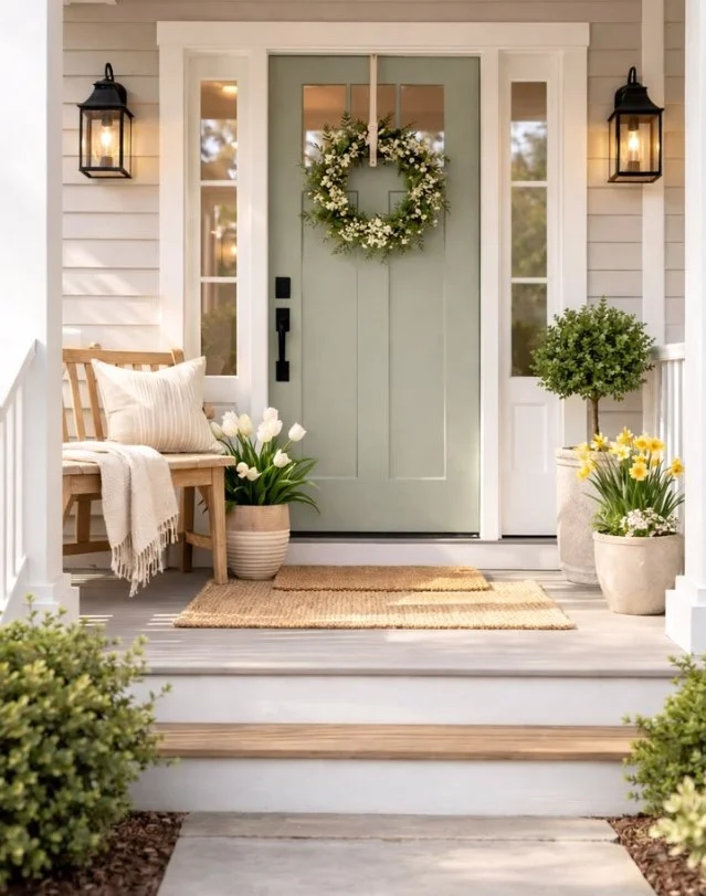 warm porch lighting on small front entryway exterior