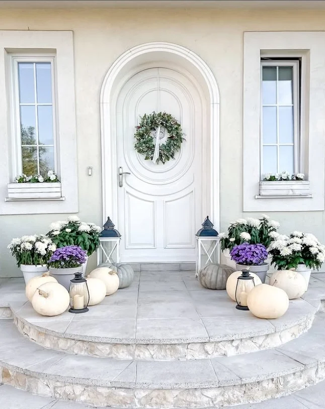 seasonal decor on small porch entrance fresh look