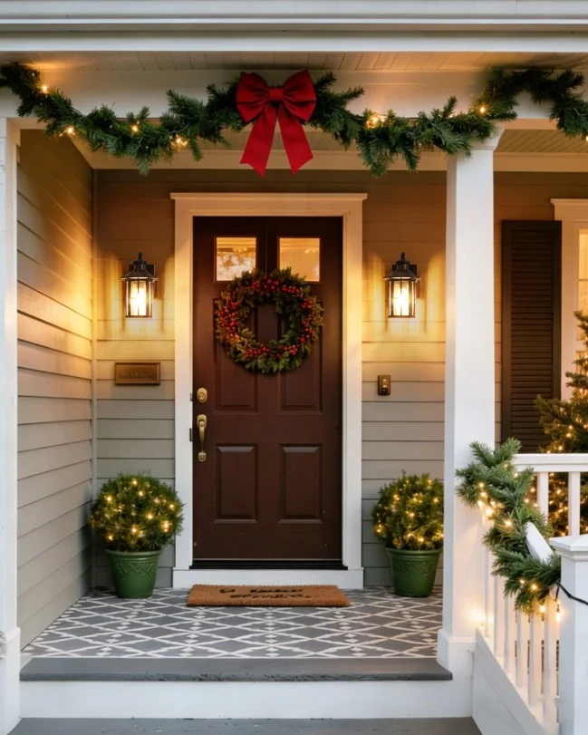 small porch entrance with warm lighting cozy feel