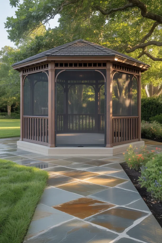screened gazebo backyard with stone flooring elegant design
