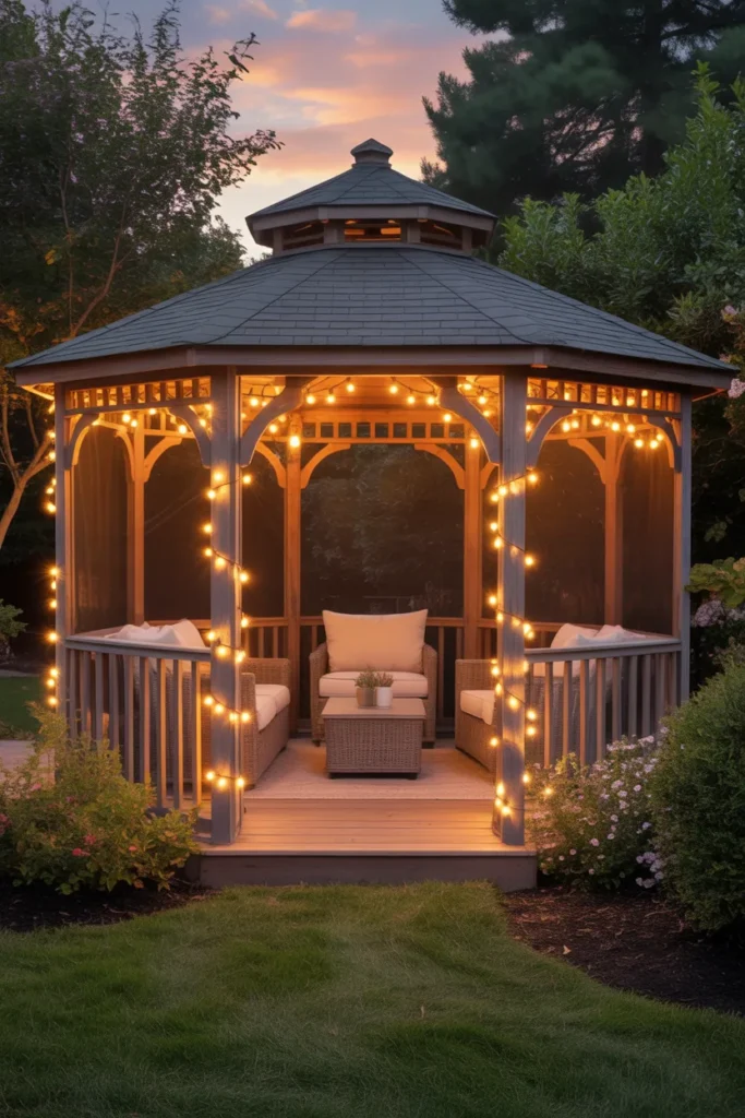 screened gazebo with string lights warm evening backyard setup