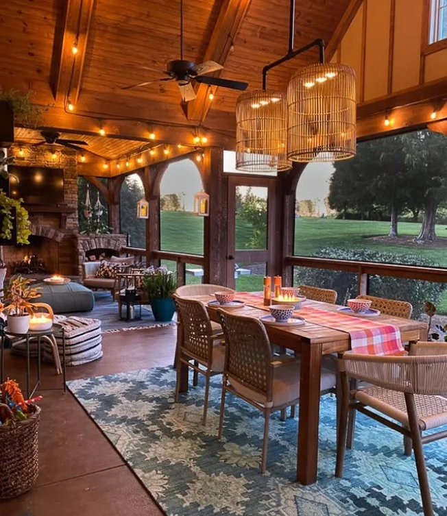 screened patio with warm string lights, relaxing evening decor