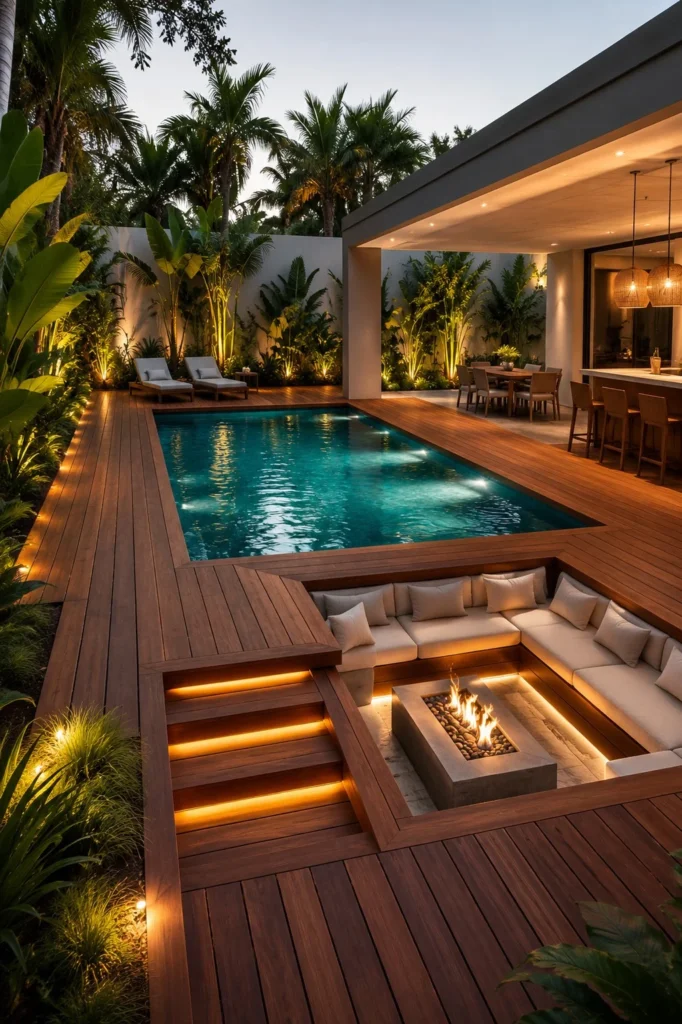 sunken above ground pool with wraparound wood deck backyard design