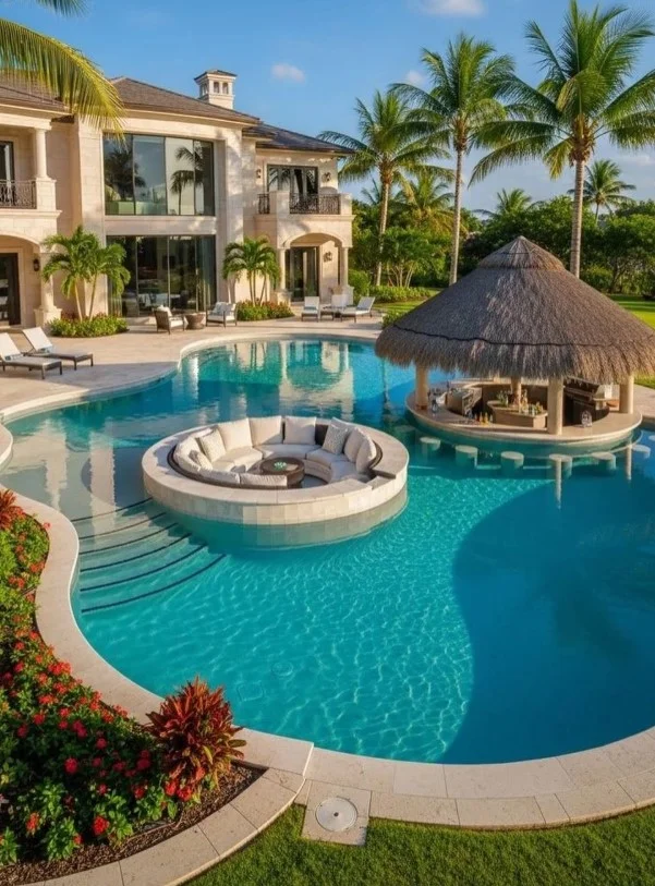 modern sunken lounge area beside above ground pool
