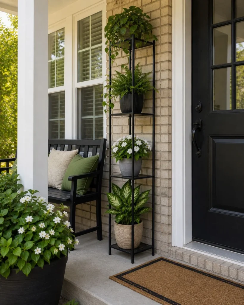 vertical plant stand on small front stoop space saving idea
