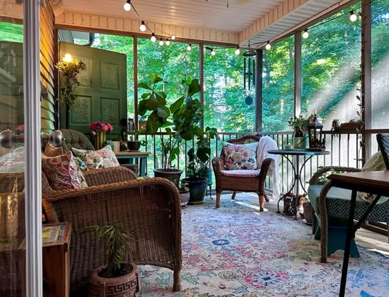 screened in porch with warm string lights cozy evening decor
