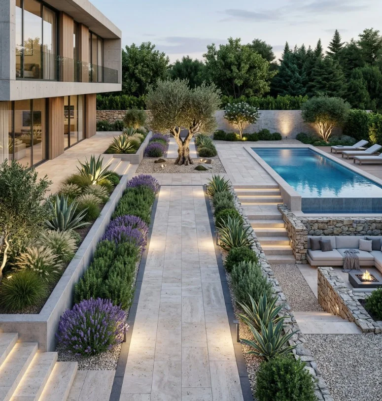 wide wood steps leading to sunken above ground pool