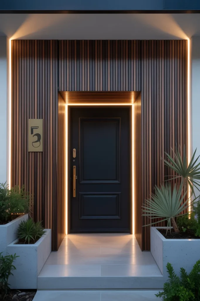 wood accent wall around modern front entrance