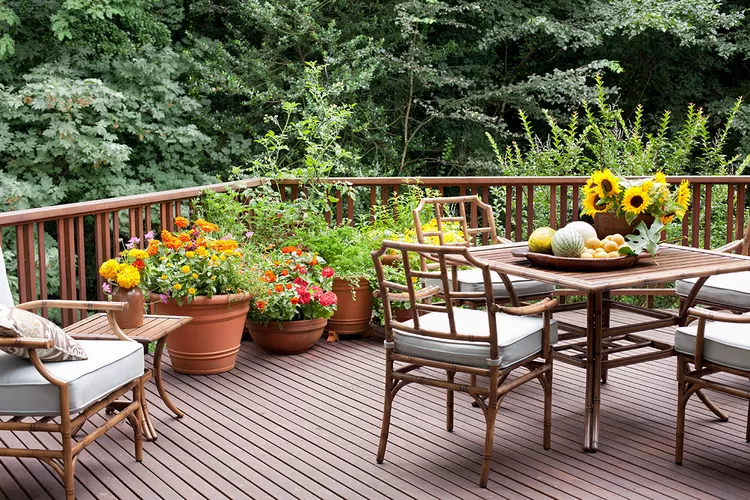beautiful backyard deck with stylish wood railing design