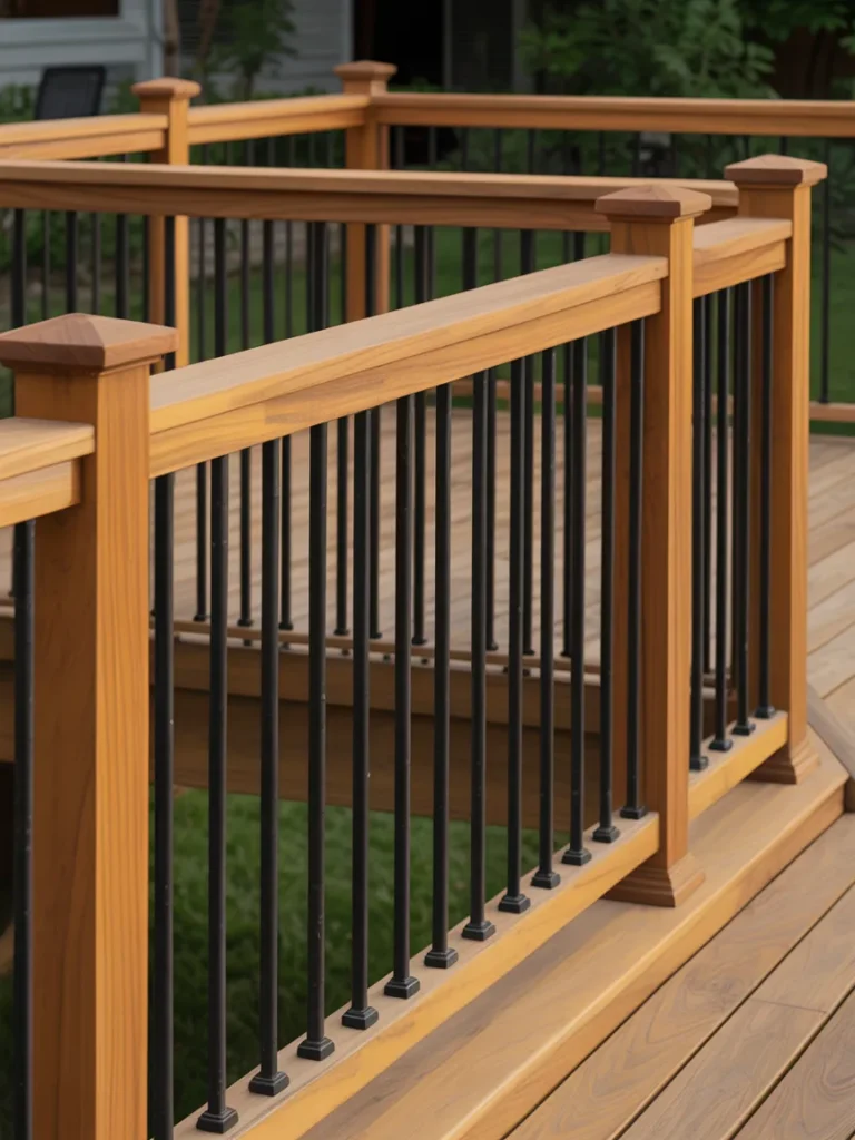 wood deck railing with black metal balusters modern design