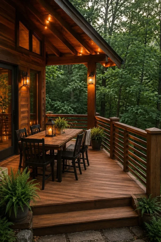 rustic cabin style wood deck railing with natural cedar wood