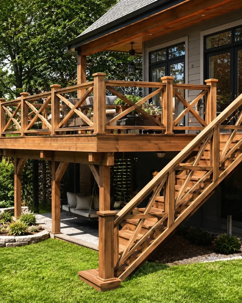 cross pattern wood deck railing farmhouse style design